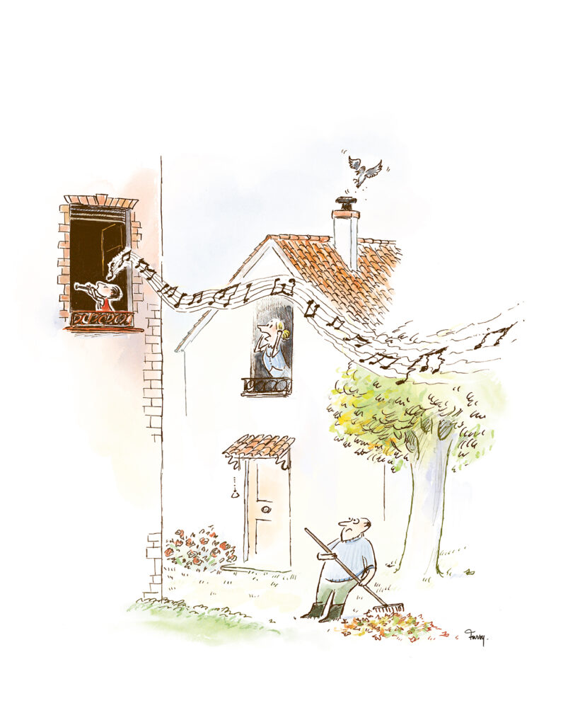 Une maison d’où s’échappent des notes de musique ; dans le jardin, un homme ratisse les feuilles.